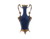 Vaso Ânfora Porcelana Azul Escuro Alças Bronze Base Luxuosa