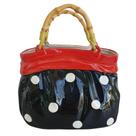 Vaso Cachepot Bolsa Cerâmica Retrô Alças Bambu 22x22x13cm.