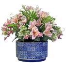 Vaso Cerâmica Mosaico Português Azul Flor Buquê Rosas Lírios