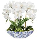 Vaso de cerâmica azul branco Briful de 46 cm com flores de orquídea artificial