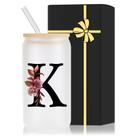Vaso de Vidrio para Beber Wulcea 470ml con Monograma, Tapa de Bambú y Popote