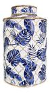 Vaso Decorativo Pote Porcelana Azul E Branco Com Dourado