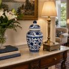Vaso Decorativo Potiche Bojudo Português Azul Branco-22 cm