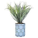 Vaso Vidro Azul Claro Colmeia Com Arranjo De Lavandas Roxas