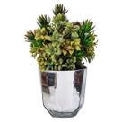 Vaso Vidro Facetado Luxo Prata Espelhado Folhagem Verde 35cm