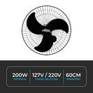 Ventilador de Parede 60cm Turbão Bivolt Oscilante 200W Alta Potência