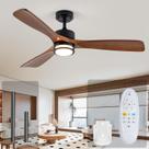 Ventilador de teto externo de 52” com luz, 3 pás de madeira maciça nogueira, controle remoto, LED dimerizável 3CCT, timer, motor reversível de 6 velocidades para uso em qualquer clima, para sala de estar ou varanda