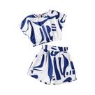 Verão meninas moda cool respirável t-shirt shorts 2 conjuntos- azul e branco impresso.