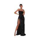 Verão novo vestido sexy temperamento um ombro espinha de peixe fenda lateral vestido longo de cetim