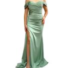 Vestido Acetinado Gala Ombro a Ombro com Drapeado e Fenda cor:verde mentatamanho:m