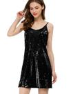 Vestido Allegra K Glitter, lantejoulas, decote em V, alça espaguete, preto Vestido Allegra K Glitter, lantejoulas, decote em V, alça espaguete, preto