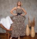 Vestido Animal Print com Couro