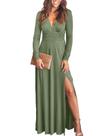 Vestido ANRABESS Maxi, manga comprida, decote em V profundo, com fenda verde