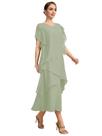 Vestido Arsyince Sage Green Chiffon em camadas com gola de barco US20 Vestido Arsyince Sage Green Chiffon em camadas com gola de barco US20