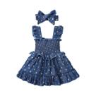 Vestido Azul Para Bebê Menina Com Faixa De Cabelo 3-24 Meses Conjunto De 2 Peças Com Bolinhas