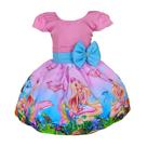 Vestido Barbie Sereia Rosa Temático Infantil Festa Laço