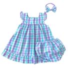 Vestido Bebê Menina Xadrez Lilás e Verde com Tiara e Calcinha 100 Algodão