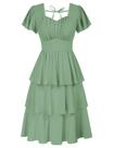 Vestido Belle Poque 2025 de verão de manga curta com babados verde