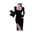 Vestido Bodycon Preto Feminino Com Fenda Lateral, Manga Longa, Ajuste Justo, Sexy, Acima Do Joelho,
