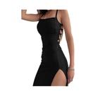 Vestido Bodycon Preto Feminino - Sem Mangas, Decote Halter, Fenda Alta
