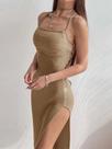 Vestido Bodycon Preto Feminino - Sem Mangas, Decote Halter, Fenda Alta Vestido Bodycon Preto Feminino - Sem Mangas, Decote Halter, Fenda Alta