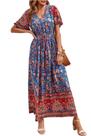 Vestido Boho Floral Maxi Azul Feminino PRETTYGARDEN Tamanho P Vestido Boho Floral Maxi Azul Feminino PRETTYGARDEN Tamanho P