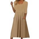 Vestido boho plissado, manga 3/4, manga 3/4, com bolsos, marrom Vestido boho plissado, manga 3/4, manga 3/4, com bolsos, marrom
