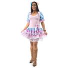 Vestido Caipira Adulto Rosa e Azul Festa Junina com Renda e Tiara