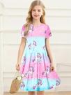 Vestido Casual De Férias Para Meninas Com Estampa De Unicórnio Em Cores Gradientes, Manga Curta,