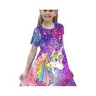 Vestido casual de festa de manga curta com estampa digital de unicórnio estrelado para meninas