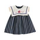 Vestido casual de verão para meninas, saia listrada com lapela grande, sem mangas, saia bordada