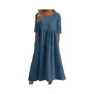 Vestido Casual De Verão Para Mulheres Em Algodão E Linho Com Manga Curta E Bolso, Decote Redondo