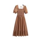 Vestido Casual Feminino De Verão E Primavera Com Cintura Elástica Em Chiffon Plissado E Manga Curta
