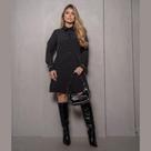 Vestido Chemise Liso Estampado Manga Longa com Botões Frontais -