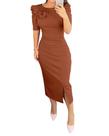 Vestido CHICME Bodycon Midi de manga folhada marrom franzido
