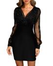 Vestido CHICME Glitter Party com decote em V, malha transparente, manga lanterna