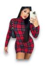 Vestido Curtinho Gola Alta Manga Longa Sem Bojo Tubinho Suplex Vermelho Xadrez