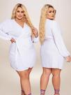 Vestido Curto Branco Plus Size Ano Novo Envelope Amarração Decote V Manga Longa Bufante