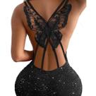 Vestido Curto Brilho Costas em Borboleta Casamento Preto ele -