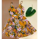 Vestido curto de alça estampado Floral com cinto verão Vestido curto de alça estampado Floral com cinto verão