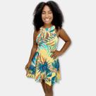 Vestido Curto Estampado Gola Alta Rodado Aberto nas Costas