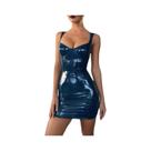 Vestido Curto Feminino De Couro Envernizado Brilhante Sem Mangas, Ajustado, Transpassado, Casual