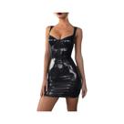 Vestido Curto Feminino De Couro Envernizado Brilhante Sem Mangas, Ajustado, Transpassado, Casual
