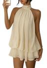 Vestido curto feminino Geulis 2026 de verão com frente única, sem mangas, costas abertas, camadas e babados, vestido mini de tule para praia, cor damasco