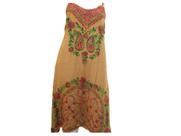 Vestido Curto Indiano Estonado Bordado Alça Elástico Costas Mostarda Boho