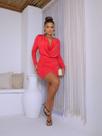 Vestido Curto Manga Longa Drapeado com Gola Boba