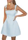 Vestido de baile BIRENEROBE azul claro, cetim, linha, gola quadrada