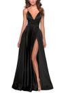 Vestido de baile Tvuyet Satin Satin com decote em V dividido, vestido de baile longo, preto 16+