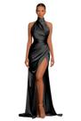Vestido de baile Yilis Black Satin 2025 Halter Long com tamanho dividido 14