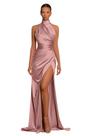 Vestido de baile Yilis Dusty Rose, cetim, gola alta, fenda longa Vestido de baile Yilis Dusty Rose, cetim, gola alta, fenda longa
